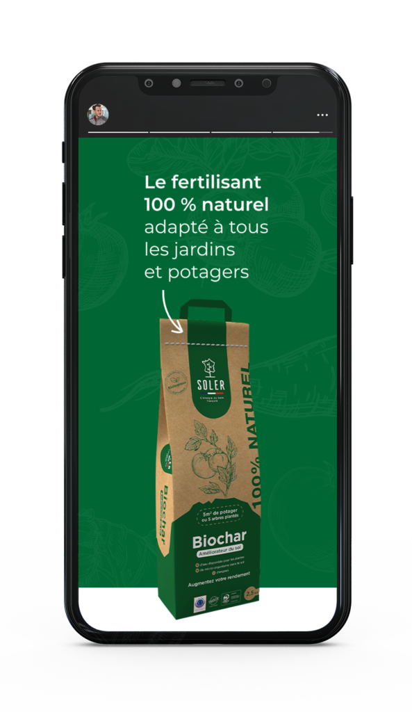 Mock up téléphone portable story Instagram Biochar fertilisant naturel Soler